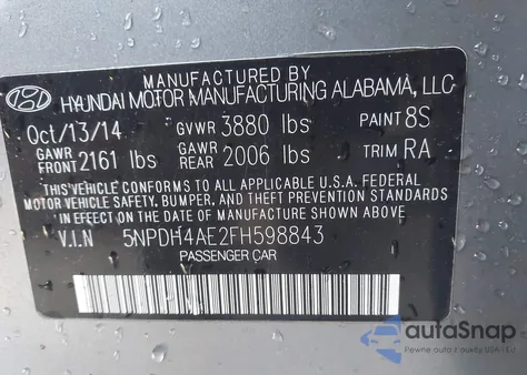 2015 Hyundai Elantra Se z USA, uszkodzony, nr VIN 5NPDH4AE2FH598843